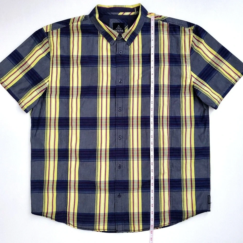 Prana Mens XXL Gray Yellow Plaid Button Front Short Sleeve Casual Hiking Shirt